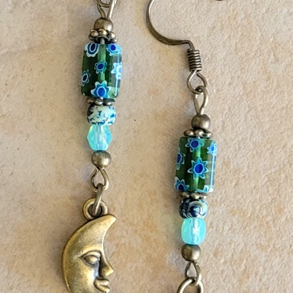 Crescent MOON Face Charm Earrings Millefiori Picasso Bronze Plated Hook Earwires - Picture 9 of 13